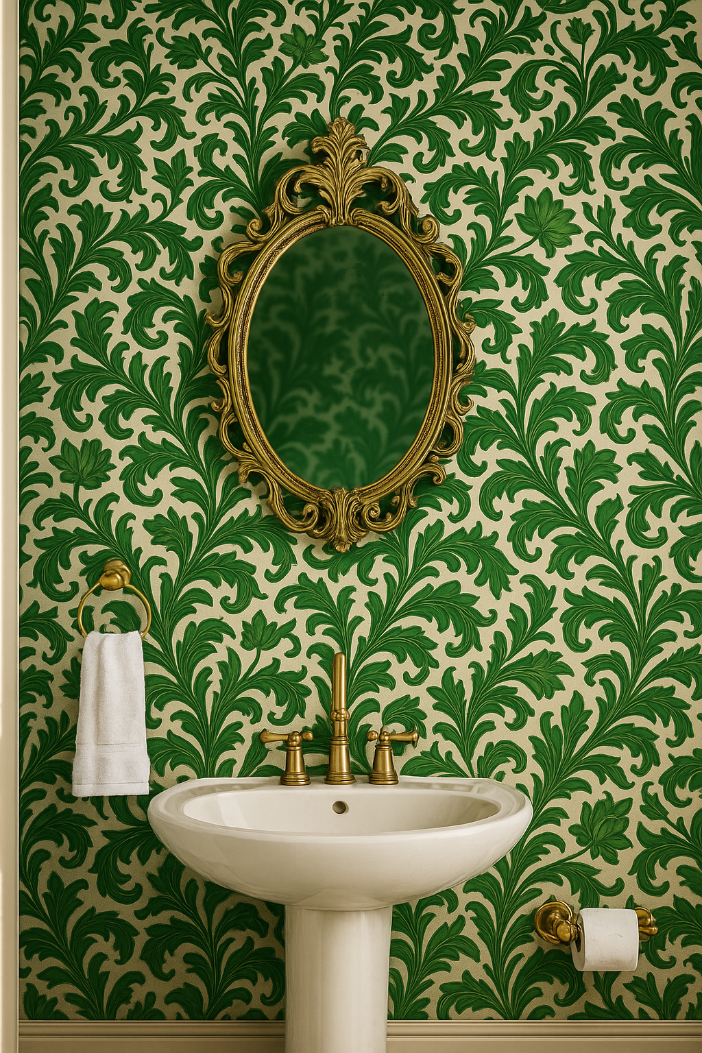 Green floral tapestry wallpaper with an ornate mirror above a white porcelain sink.