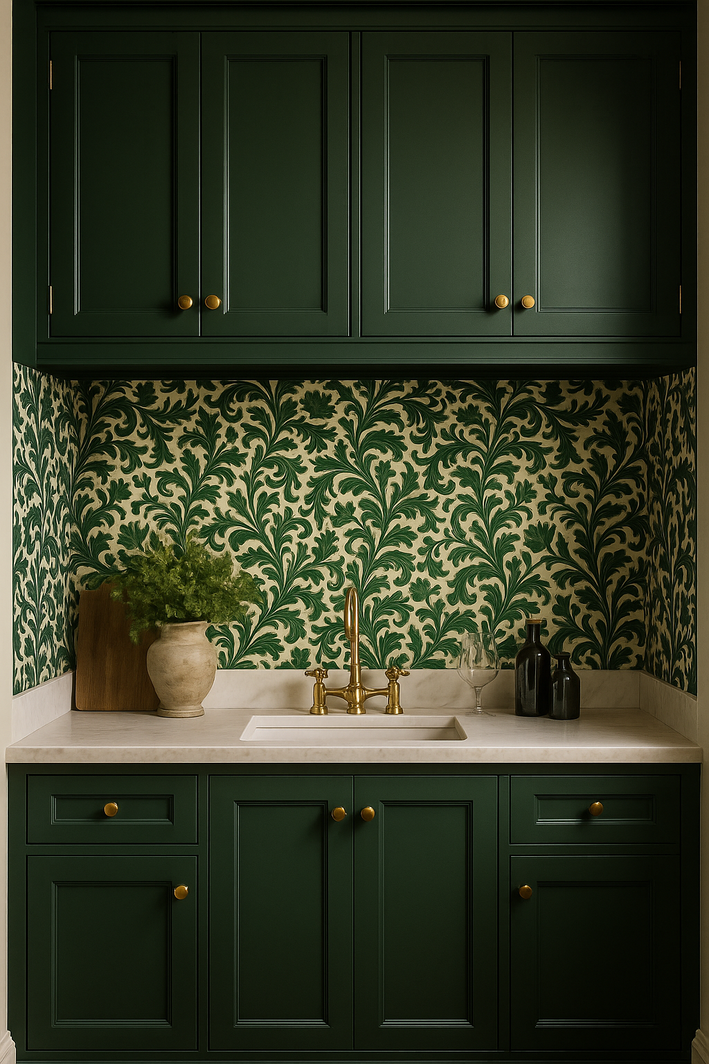 Emerald tapestry wallpaper featuring green leaf pattern with cream background.