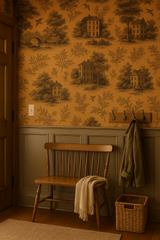 Modern toile wallpaper with an orange landscape pattern featuring trees and houses.