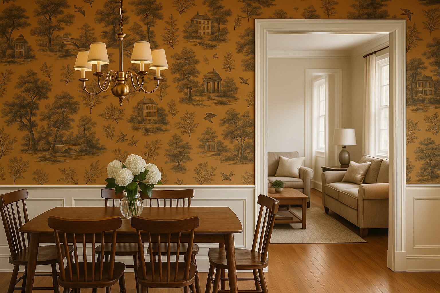 Modern toile wallpaper with a nature scene pattern, featuring trees and houses.
