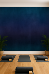 Mystic Mirage wallpaper with a blue gradient, shown in a yoga studio with mats and plants.
