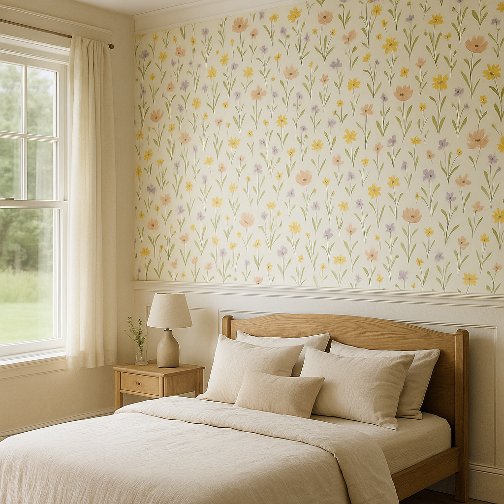 Floral wallpaper with yellow, pink, and purple flowers, from York Wallcoverings, over a paneled wall in a bedroom setting.
