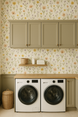 Floral wallpaper with yellow and peach wildflower print.