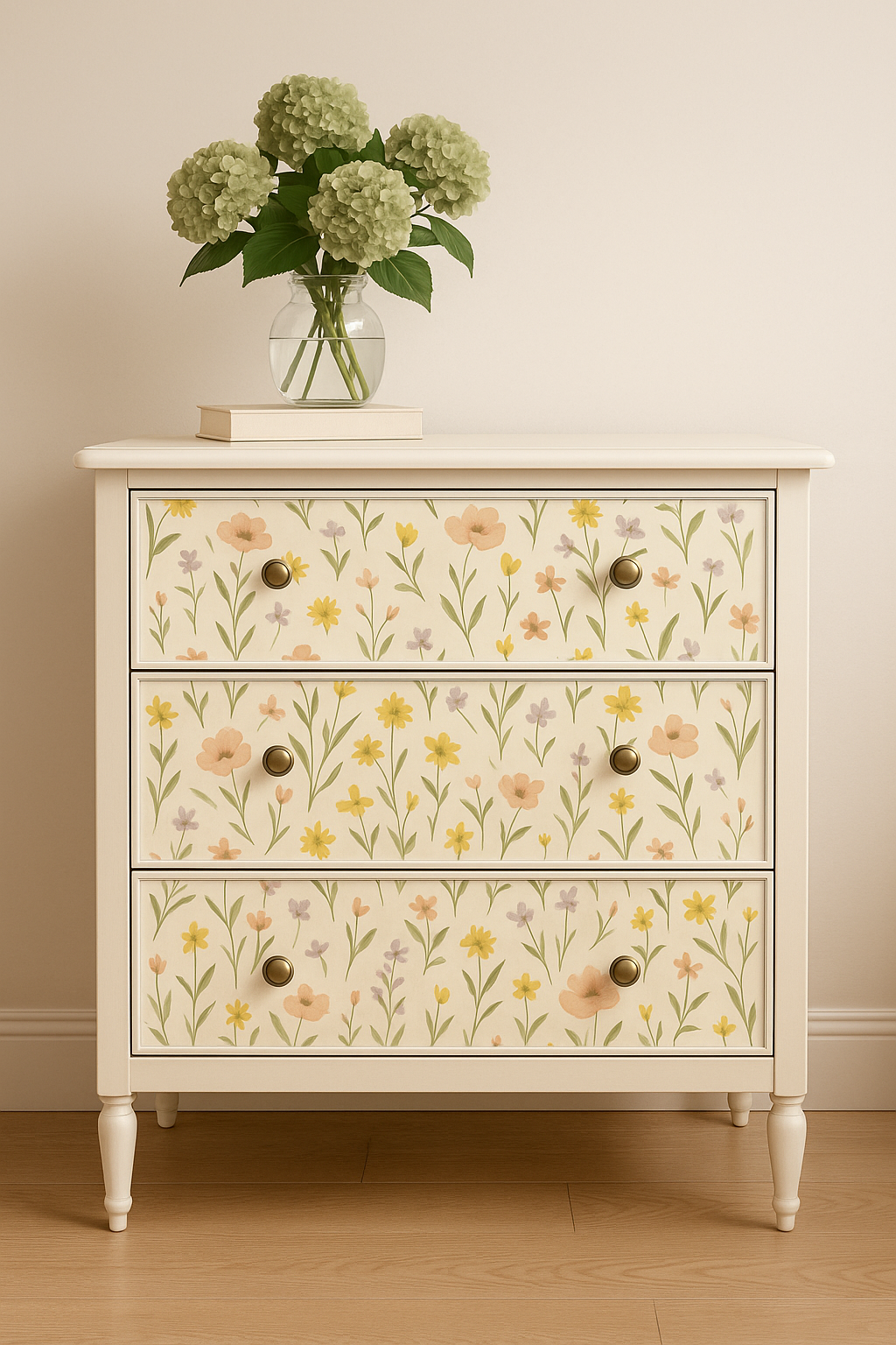 Wildflower Waltz wallpaper with a dainty floral pattern, covering a cream-colored chest of drawers with brass knobs.