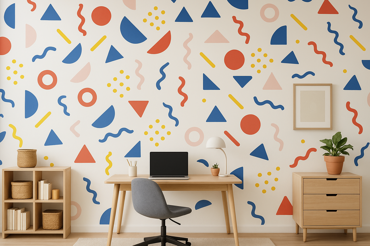 Modern Memphis Wallpaper with geometric pattern on a wall.