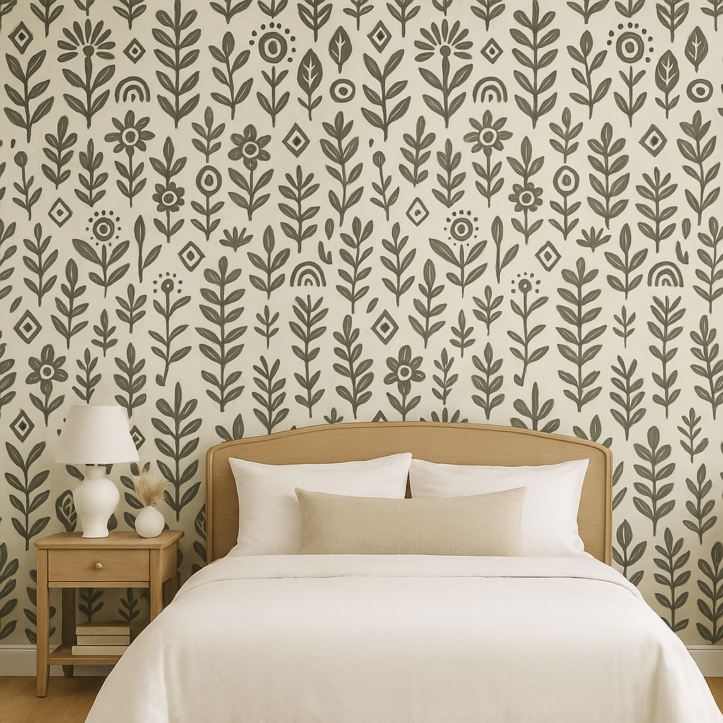 Artisan Ink Wallpaper with floral pattern by RoomMates features gray ink on cream background.