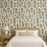 Artisan Ink Wallpaper with floral pattern by RoomMates features gray ink on cream background.