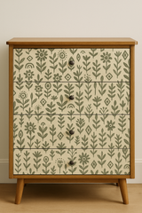 Patterned artisan ink wallpaper with floral and geometric designs.