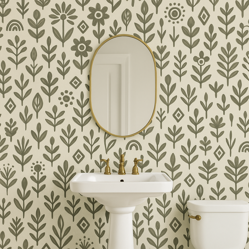 Botanical print wallpaper by RoomMates with a floral and geometric motif.