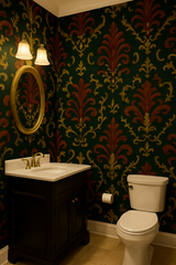 Damask wallpaper with gold and rust pattern, showing an ornate, castlecore style on a dark green backdrop.