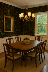 Damask wallpaper with dark green background and red ornate pattern, evoking a vintage castlecore aesthetic.