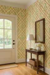 Tuscany Trellis wallpaper with a diamond trellis and leaf pattern.
