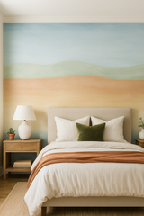 Desert horizon wallpaper featuring painted bands of color, with light blue, green, and beige hues.