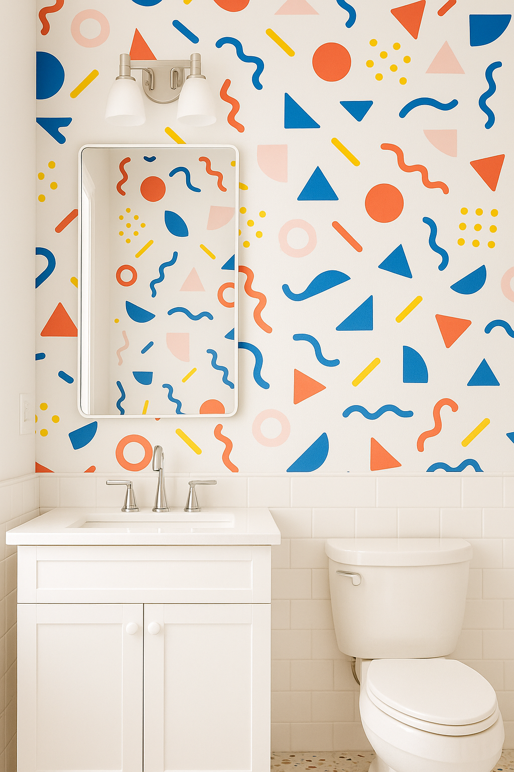 Modern Memphis Wallpaper with colorful geometric pattern shapes.
