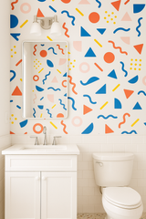 Modern Memphis Wallpaper with colorful geometric pattern shapes.
