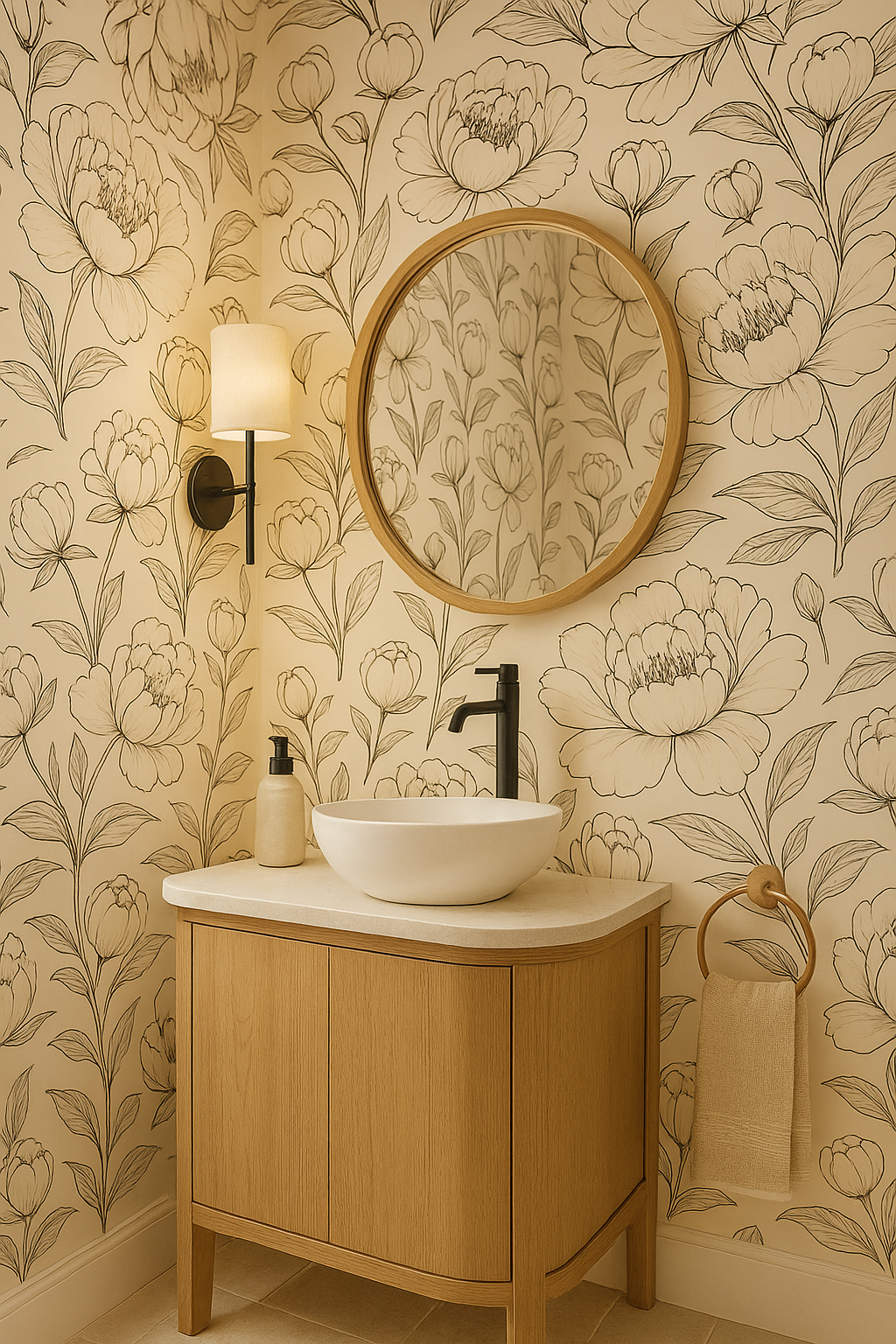 Floral Ink Bloom Wallpaper with sketched botanical pattern and neutral background.

