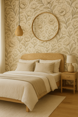 Ink Bloom wallpaper with a floral pattern, featuring a beige botanical design and an illustration style.
