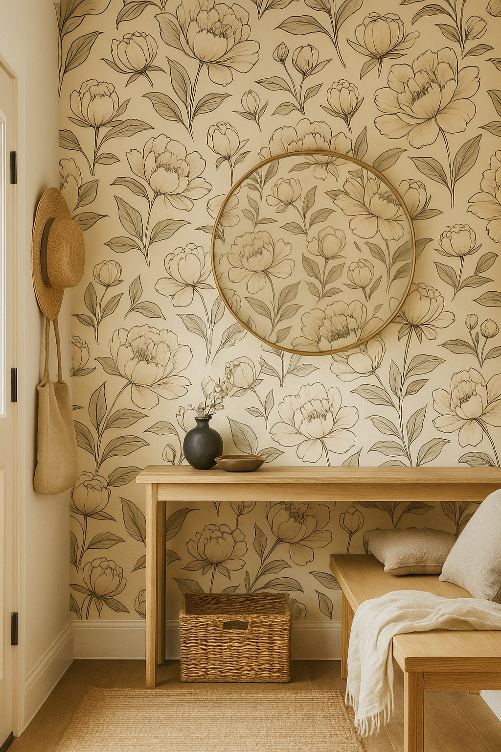 Ink Bloom Wallpaper with floral pattern, against a neutral-toned wall featuring a mirror, table, and various decorative elements.
