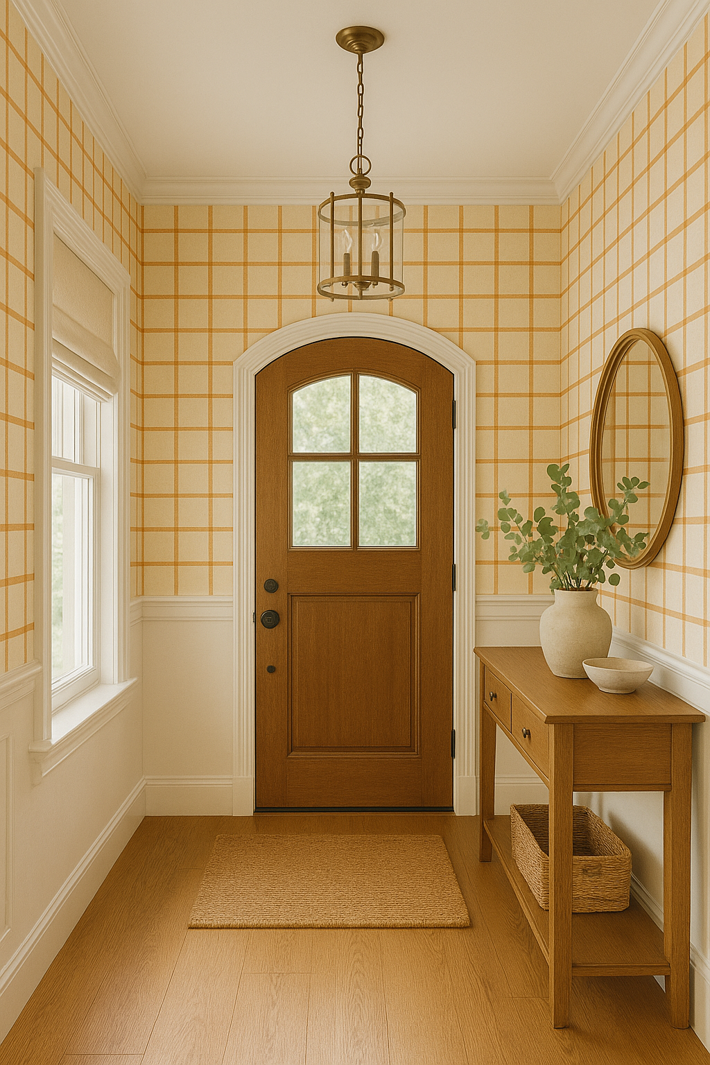 Grids wallpaper with a sunstone color by [Vendor name], featuring a checkered pattern in a hallway setting.
