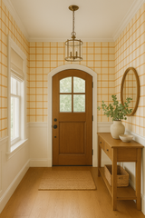Grids wallpaper with a sunstone color by [Vendor name], featuring a checkered pattern in a hallway setting.
