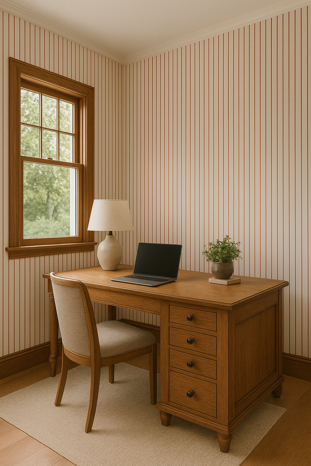 Oxblood stripe wallpaper with red vertical lines, covering the wall in the room.