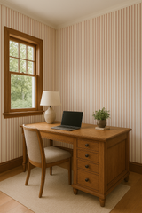 Oxblood stripe wallpaper with red vertical lines, covering the wall in the room.