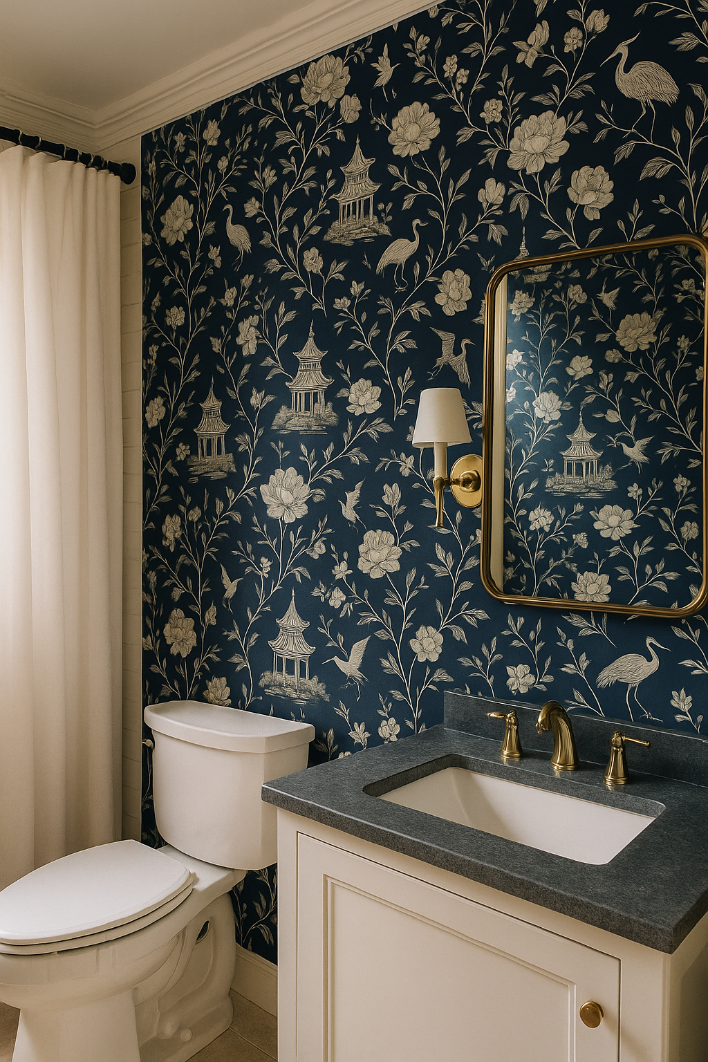 Chinoiserie Midnight Wallpaper with pagoda and floral pattern on a blue background.