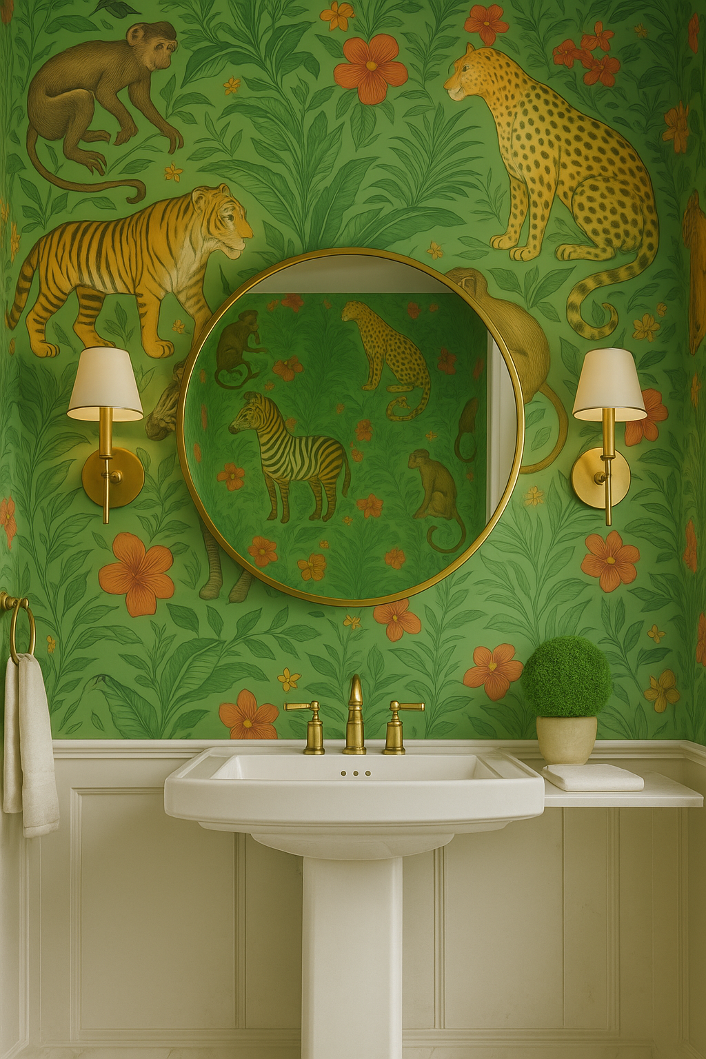 Jungle Fables Wallpaper with green floral and animal print by unknown designer, visible in bathroom setting with vanity.