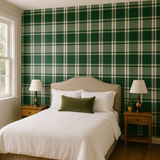 Green and off-white plaid wallpaper featuring a large-scale pattern.