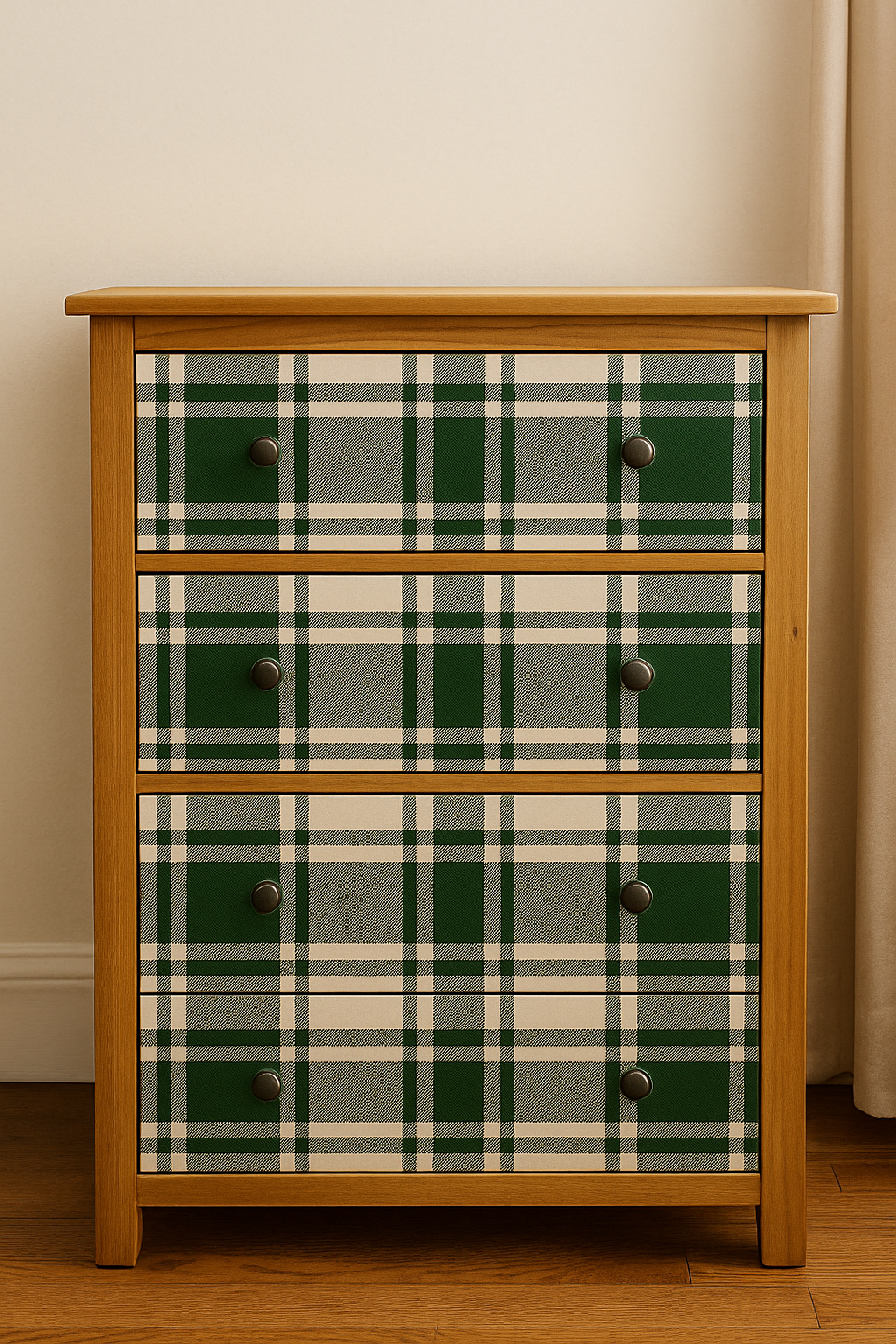Plaid wallpaper with a green and beige tartan pattern.
