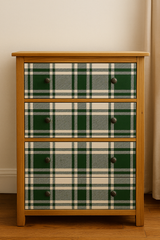 Plaid wallpaper with a green and beige tartan pattern.
