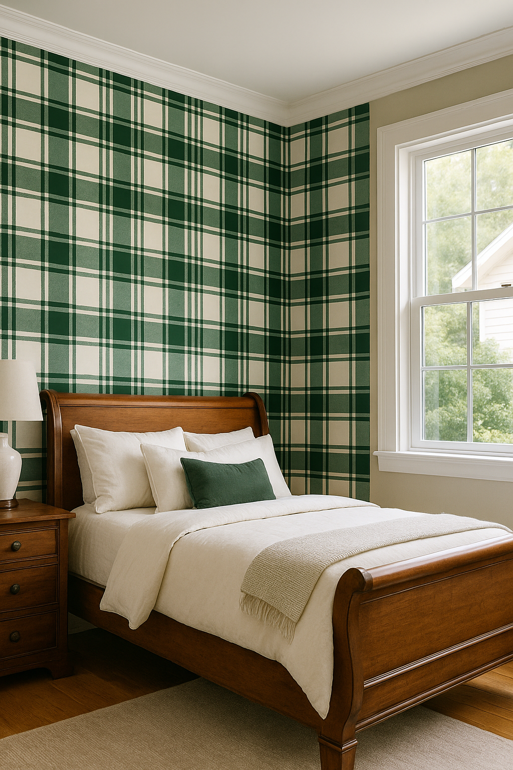 Green plaid wallpaper with classic pattern and traditional style.