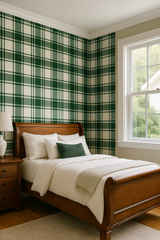 Green plaid wallpaper with classic pattern and traditional style.