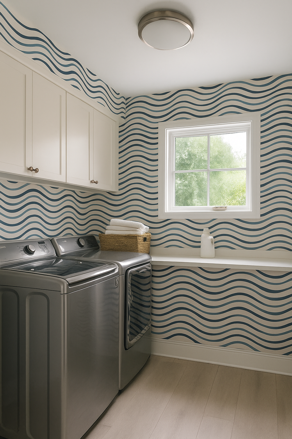 Tidal Lines Wallpaper with blue wave pattern, installed in a laundry room setting.