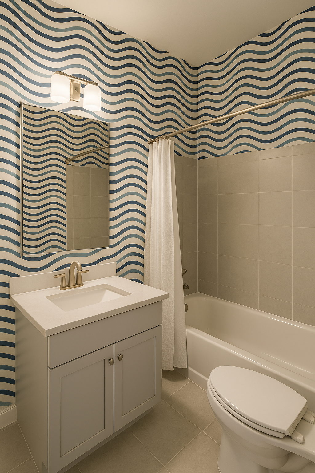 Tidal Lines Wallpaper with blue wave pattern, covering bathroom walls in a repeating design.