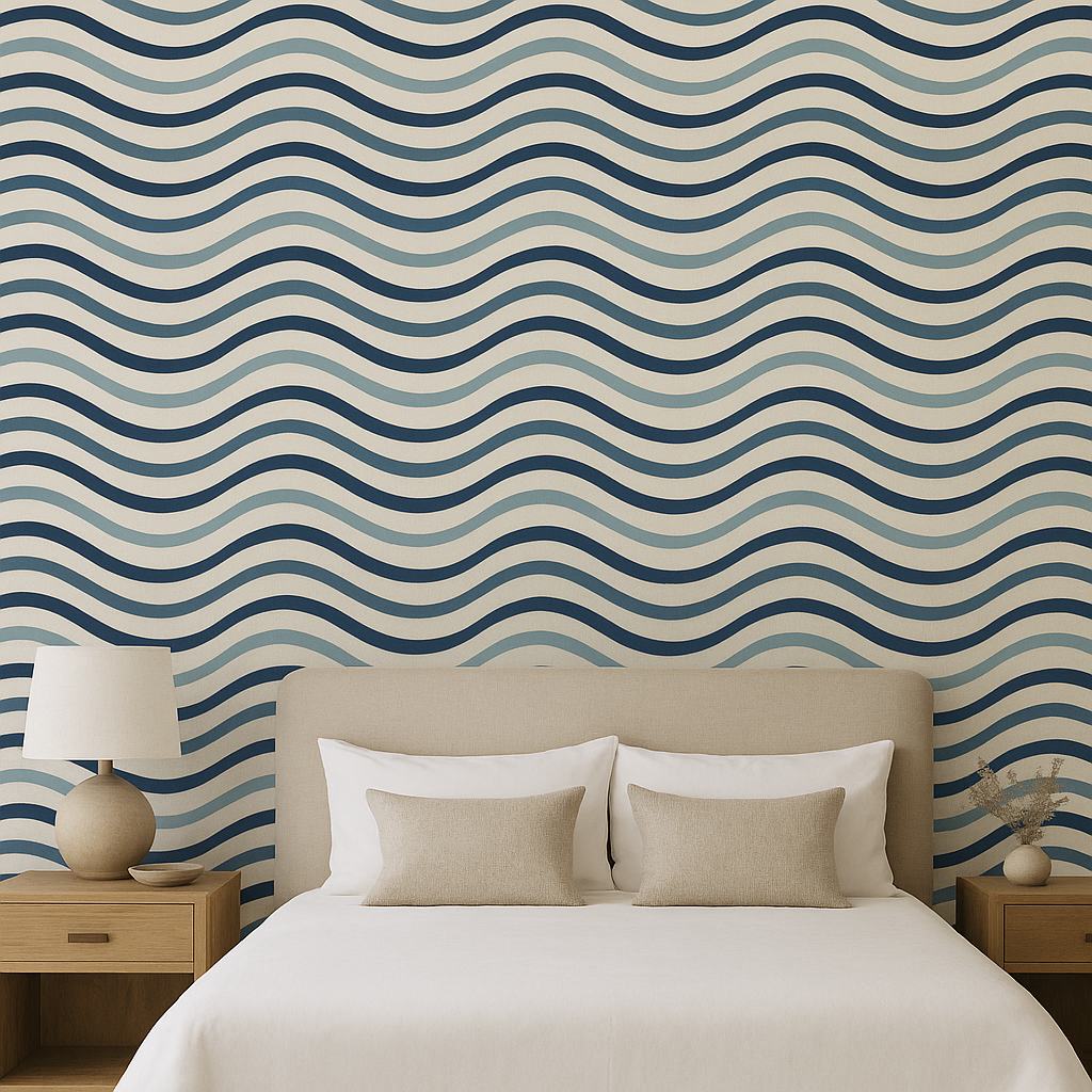 Tidal Lines wallpaper with wavy blue design on beige background.