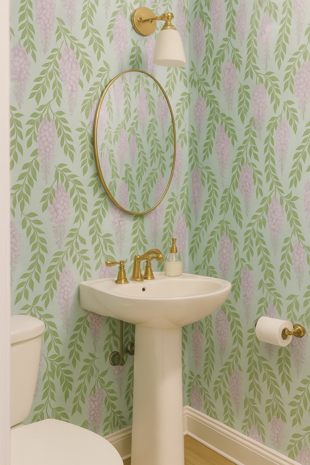 Lush Cascade wallpaper with floral pattern, featuring wisteria blooms and trailing green leaves on a light mint background.