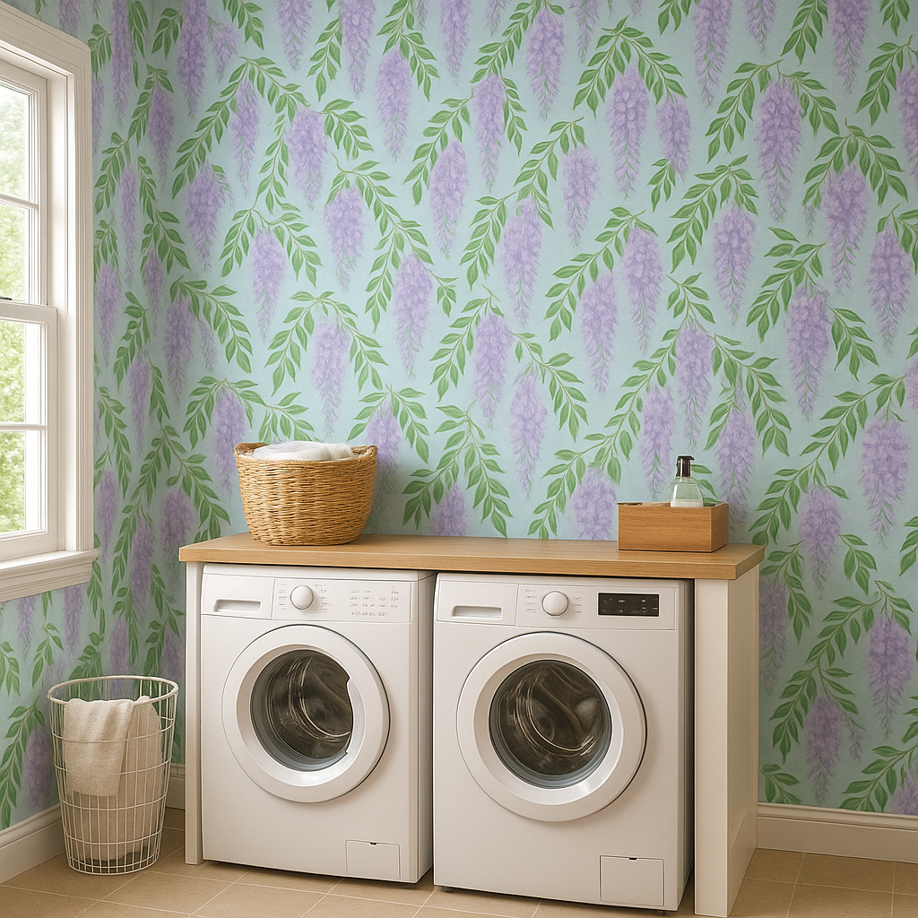 Floral print wallpaper with wisteria pattern on blue background.