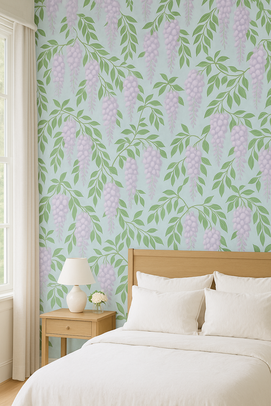 Floral cascade wallpaper with wisteria print on light blue backdrop.