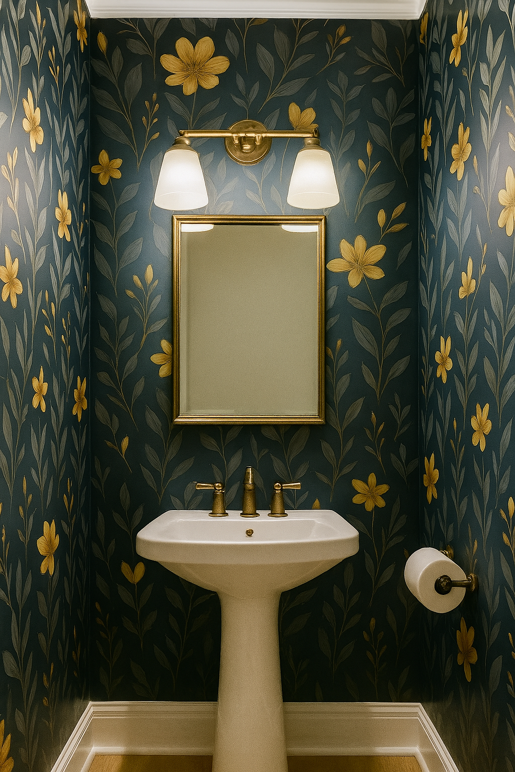 Floral wallpaper with marigold flowers and green leaves on a teal background.
