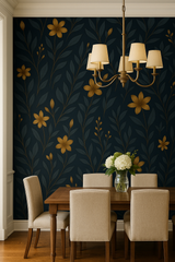 Marigold Shadow wallpaper with a floral pattern, over a dining set.
