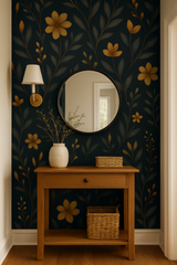Floral Marigold Shadow Wallpaper with gold flower and leaf pattern against a dark blue background.