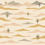 Dune lines wallpaper with beige, taupe, and gold undulating landscape and desert foliage pattern.