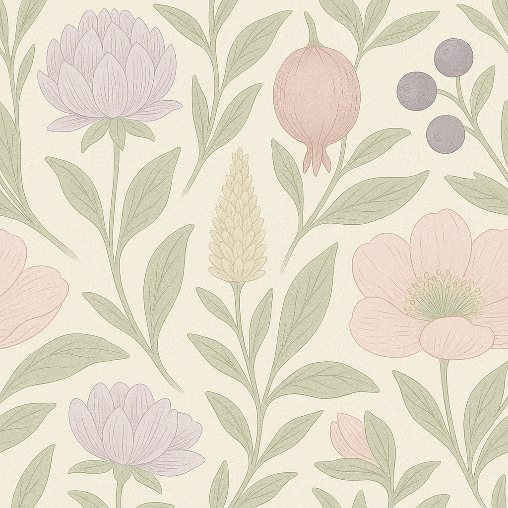 Botanical wallpaper with floral and fruit pattern on an off-white background.