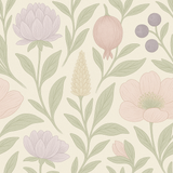 Botanical wallpaper with floral and fruit pattern on an off-white background.