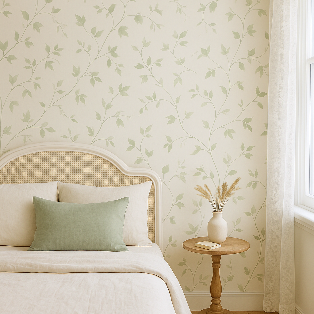 Green botanical wallpaper with climbing ivy pattern, on a bedroom wall behind a bed and bedside table.
