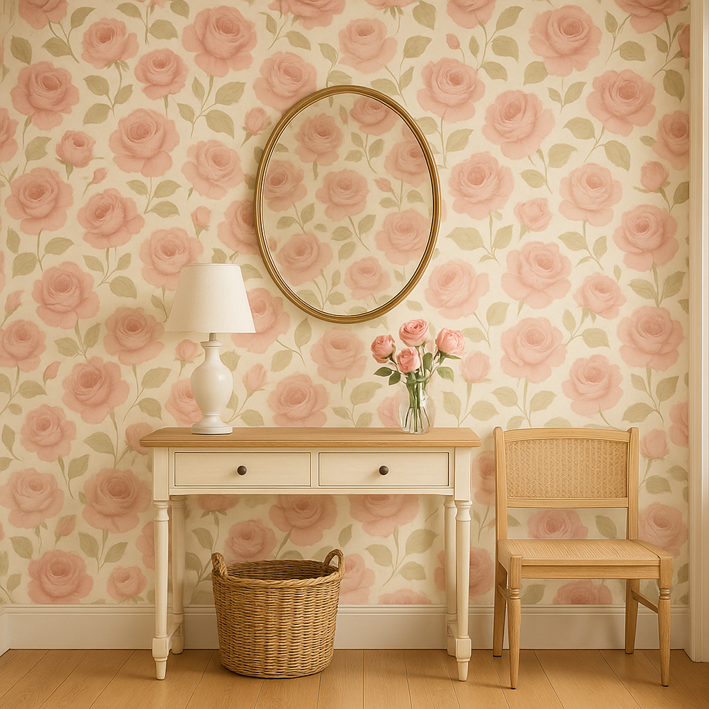 Bloomfield wallpaper with a pink rose pattern and cream background.
