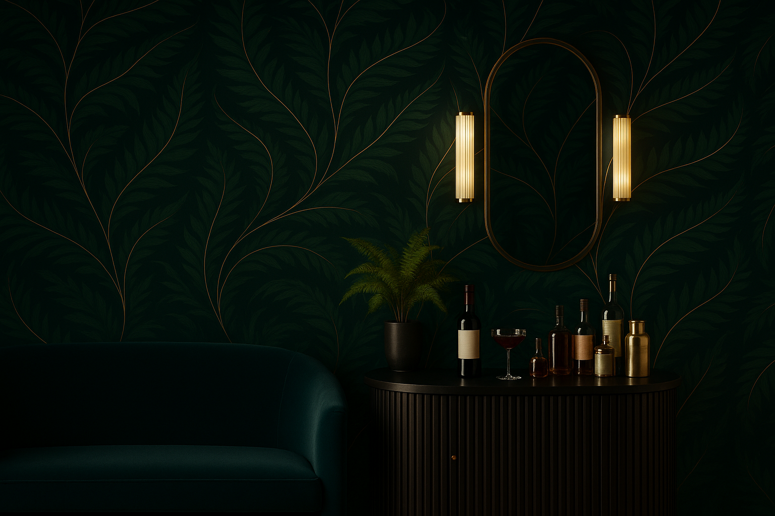 Green leaf pattern wallpaper with a gold leaf vein design, on a dark background.