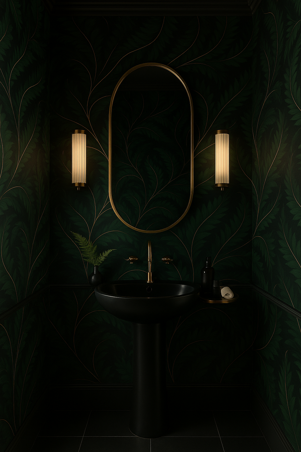 Wild Fern Wallpaper with a green fern leaf pattern, set in a dark bathroom.

