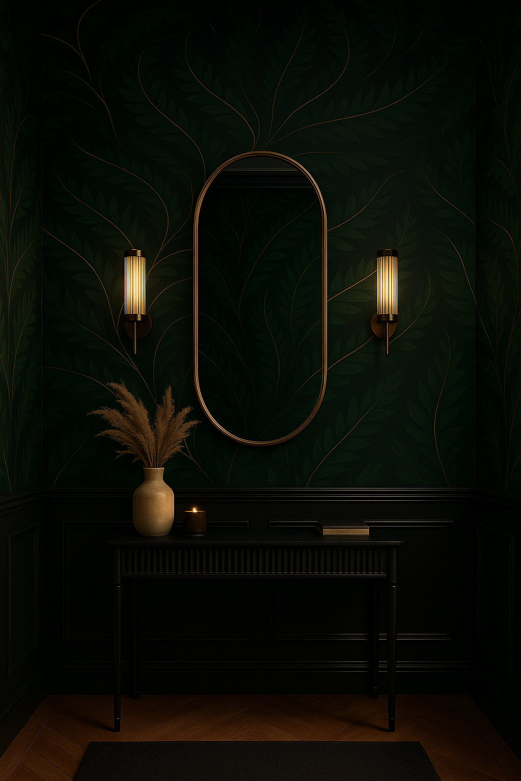 Green leaf patterned wallpaper with gold accents, featuring a mirror and sconces.
